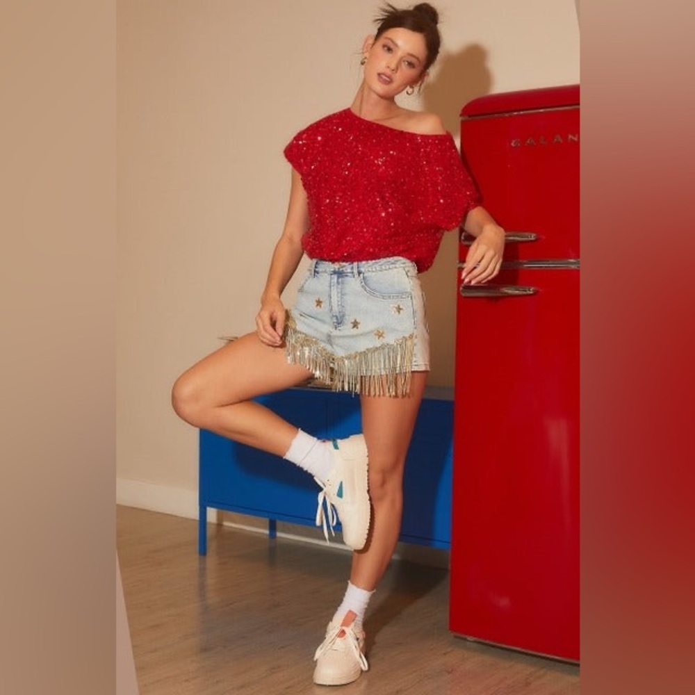 Sequin Fringe Star Denim Shorts - Main Strip
